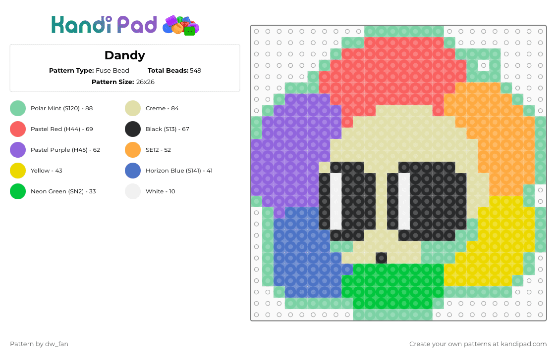 Dandy - Fuse Bead Pattern by dw_fan on Kandi Pad - yellow,teal,purple,red,dandys world,dandy