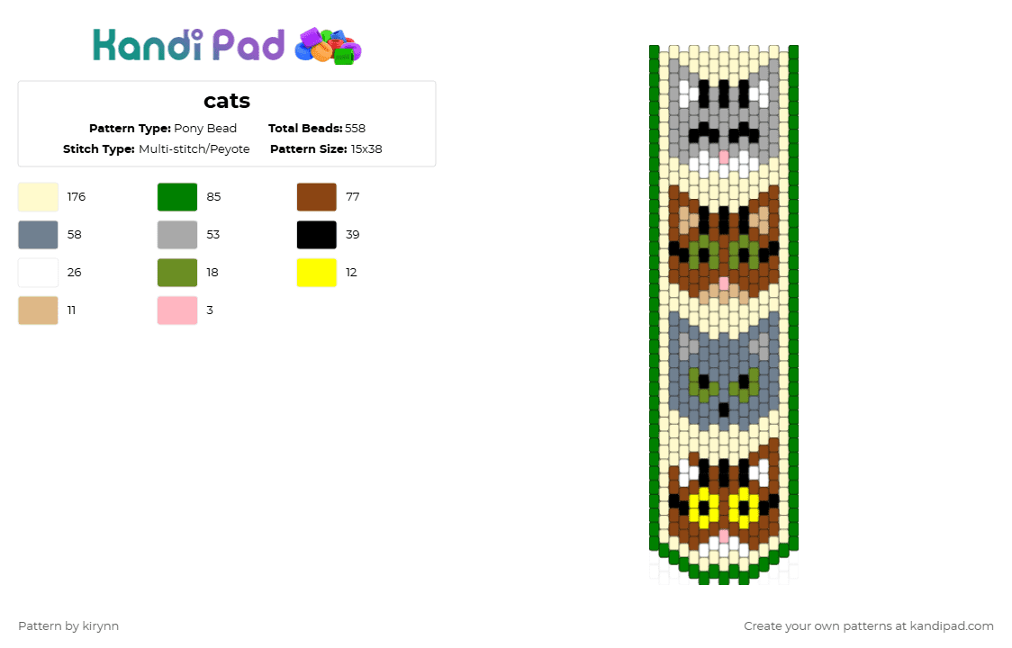 cats - Pony Bead Pattern by kirynn on Kandi Pad - green, red, yellow