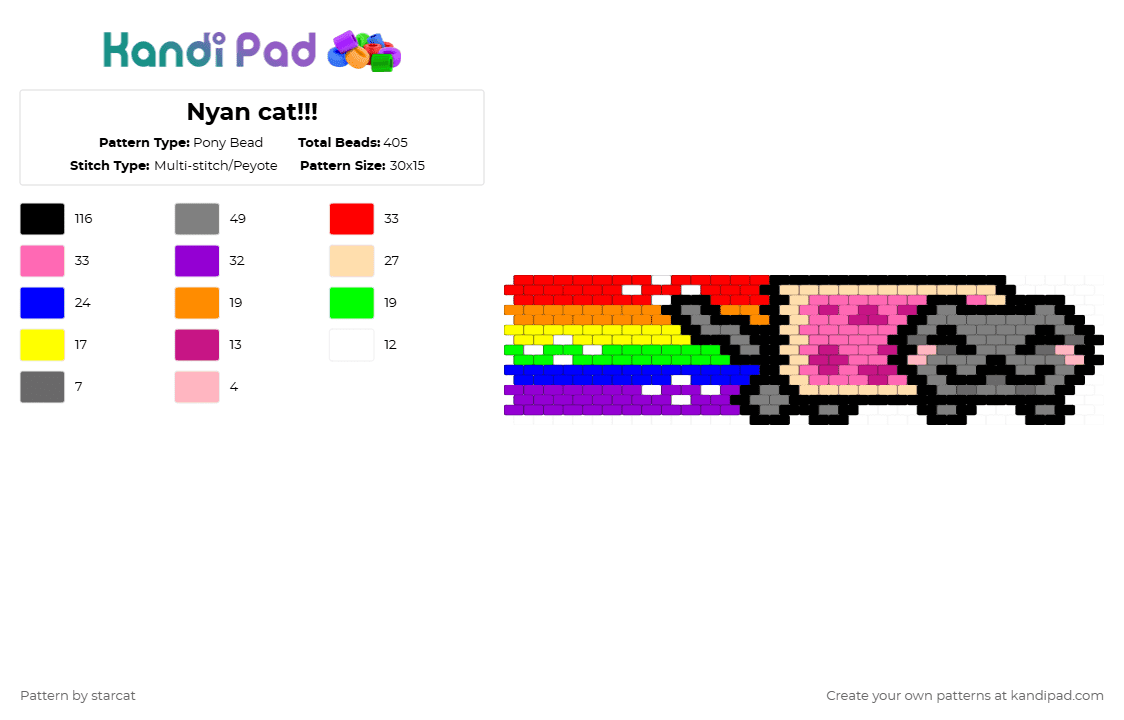 Nyan cat!!! - Pony Bead Pattern by starcat on Kandi Pad - red,gray,purple,pink