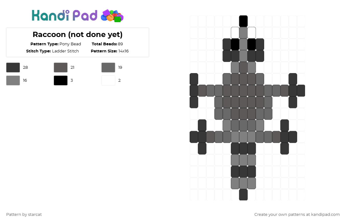 Raccoon (not done yet) - Pony Bead Pattern by starcat on Kandi Pad - gray