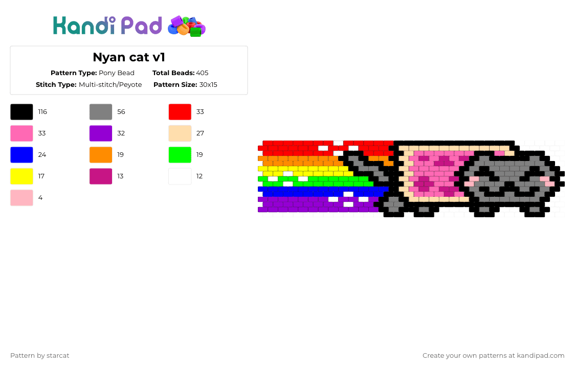 Nyan cat v1 - Pony Bead Pattern by starcat on Kandi Pad - red,gray,purple,pink