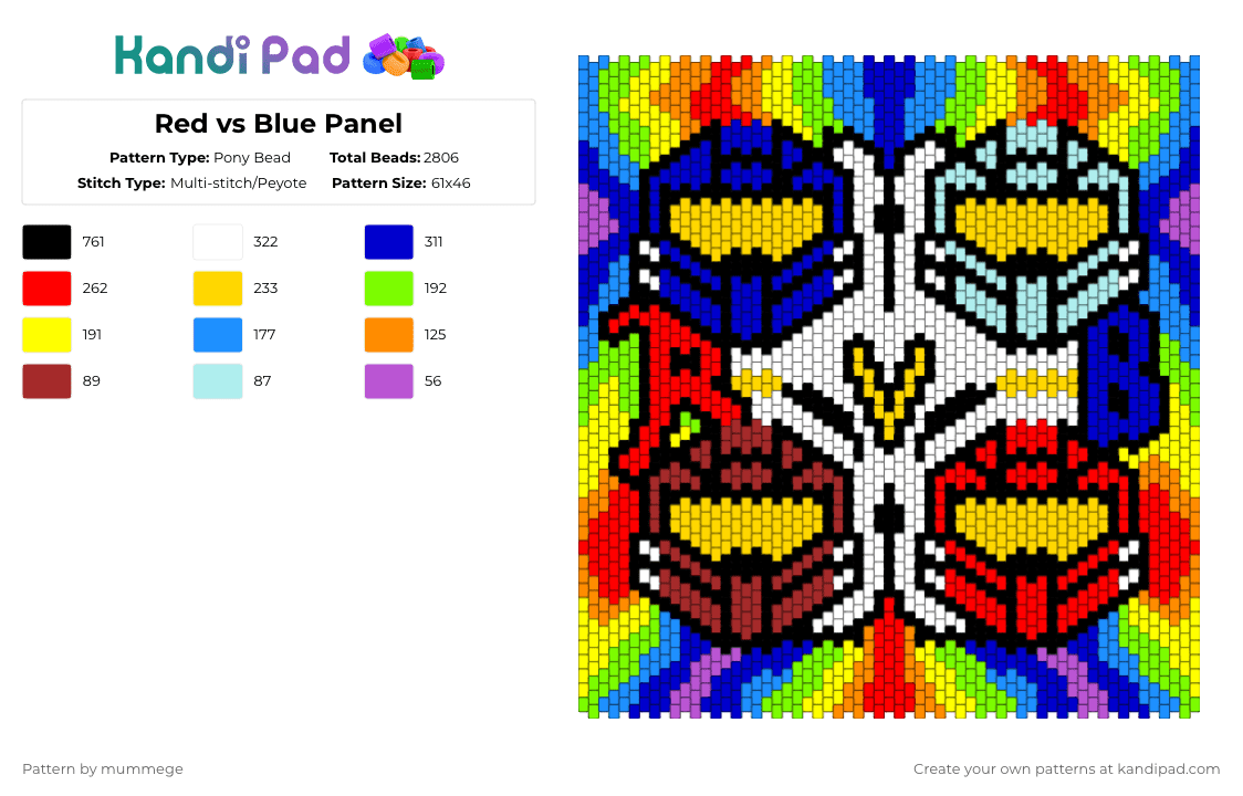 Red vs Blue Panel - Pony Bead Pattern by mummege on Kandi Pad - panel,video game,anime,cartoon,weapon,gaming,colorful,light blue,yellow,red,purple,halo,rvb,bag,rainbow