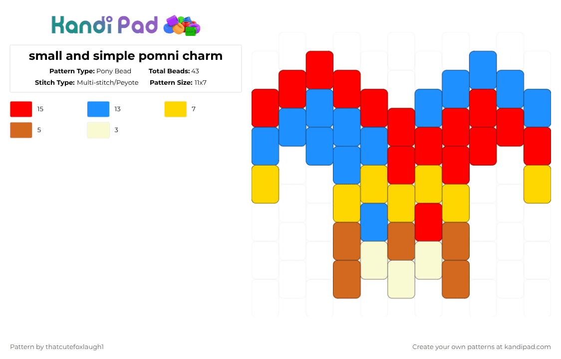 small and simple pomni charm - Pony Bead Pattern by thatcutefoxlaugh1 on Kandi Pad - red,light blue,pomni,tadc,jester
