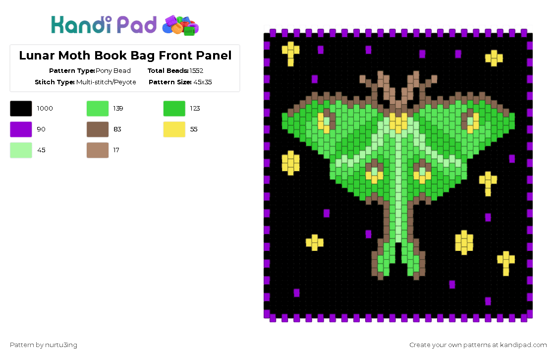 Lunar Moth Book Bag Front Panel - Pony Bead Pattern by nurtu3ing on Kandi Pad - black,green