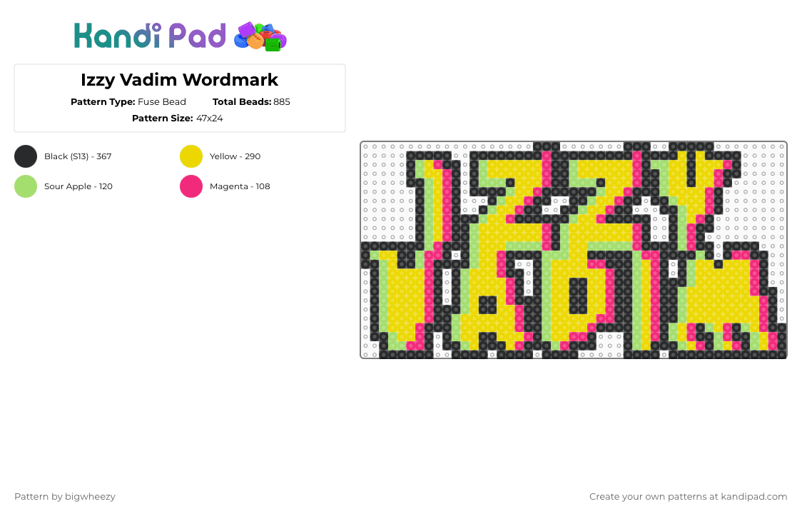 Izzy Vadim Wordmark - Fuse Bead Pattern by bigwheezy on Kandi Pad - music,yellow,dubstep,bass,riddim,izzy vadim,wub