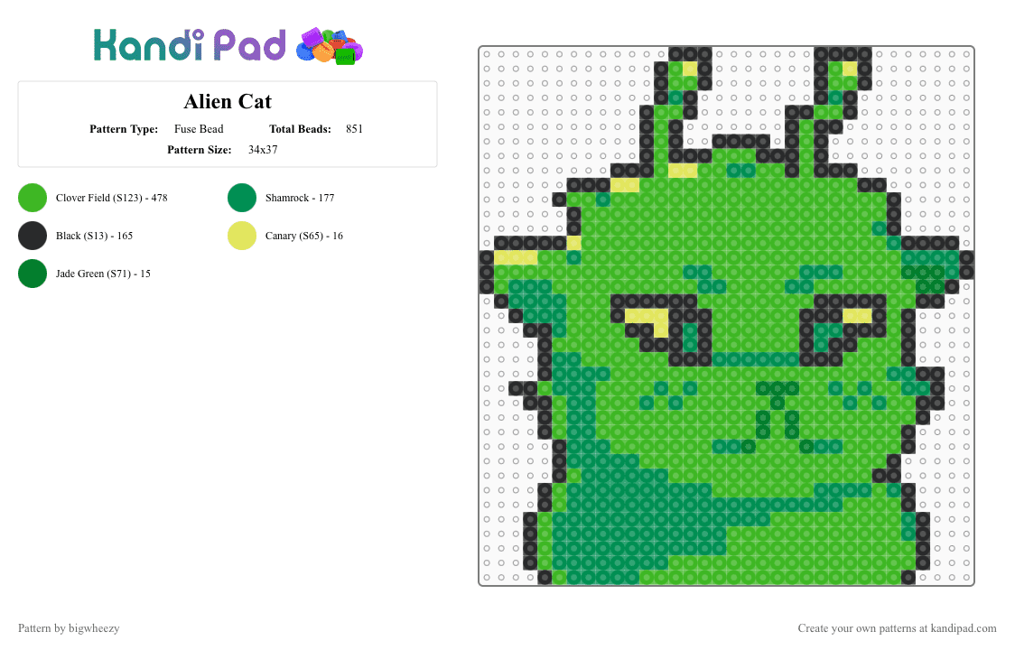 Alien Cat - Fuse Bead Pattern by bigwheezy on Kandi Pad - green