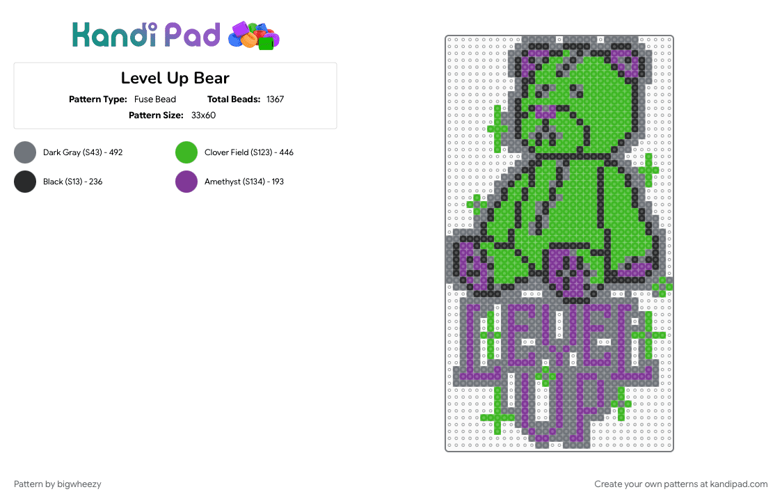 Level Up Bear - Fuse Bead Pattern by bigwheezy on Kandi Pad - bass music, bear, dj, dubstep, edm, gray, green, level up
