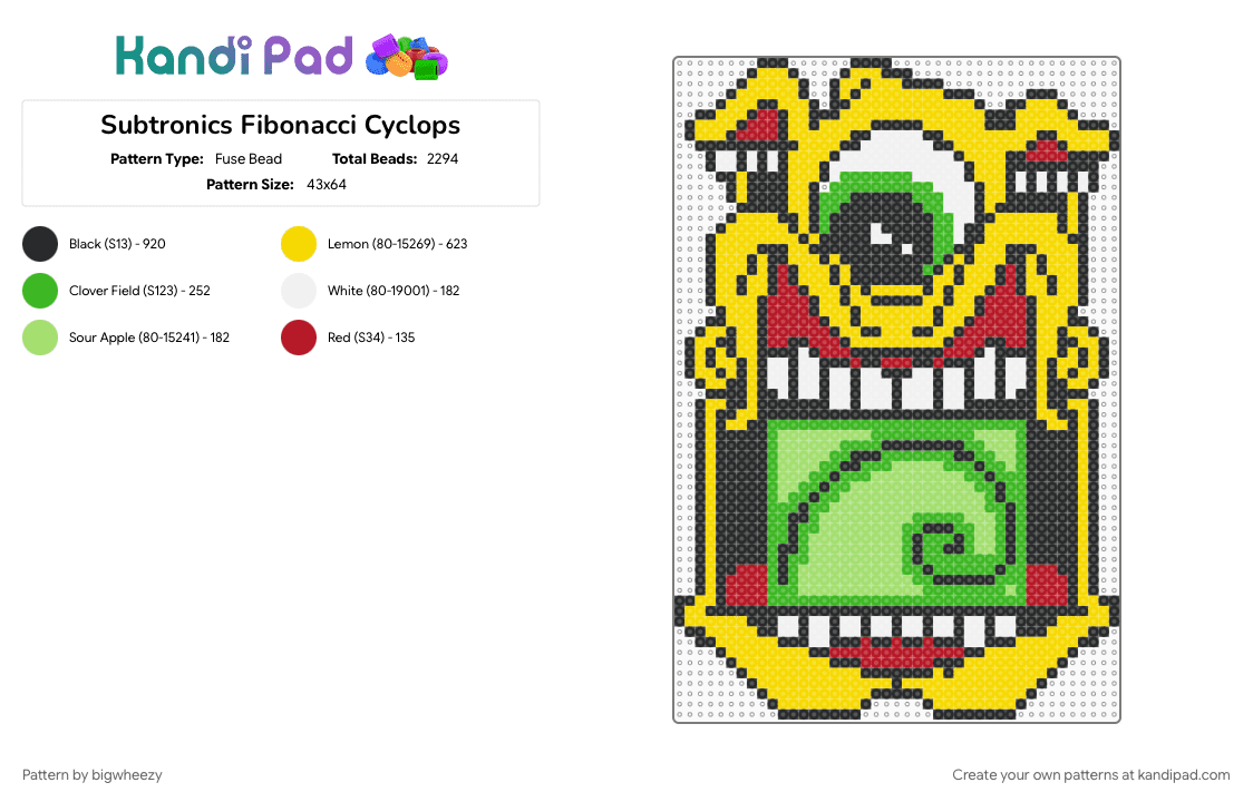 Subtronics Fibonacci Cyclops - Fuse Bead Pattern by bigwheezy on Kandi Pad - bass music, character, cyclops, dj, dubstep, edm, green, subtronics, yellow