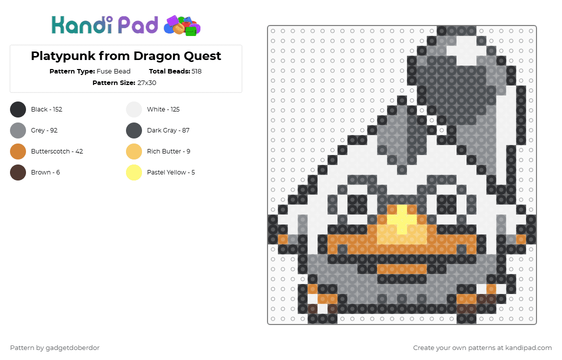 Platypunk from Dragon Quest - Fuse Bead Pattern by gadgetdoberdor on Kandi Pad - gray,dragon quest,platypunk,monster