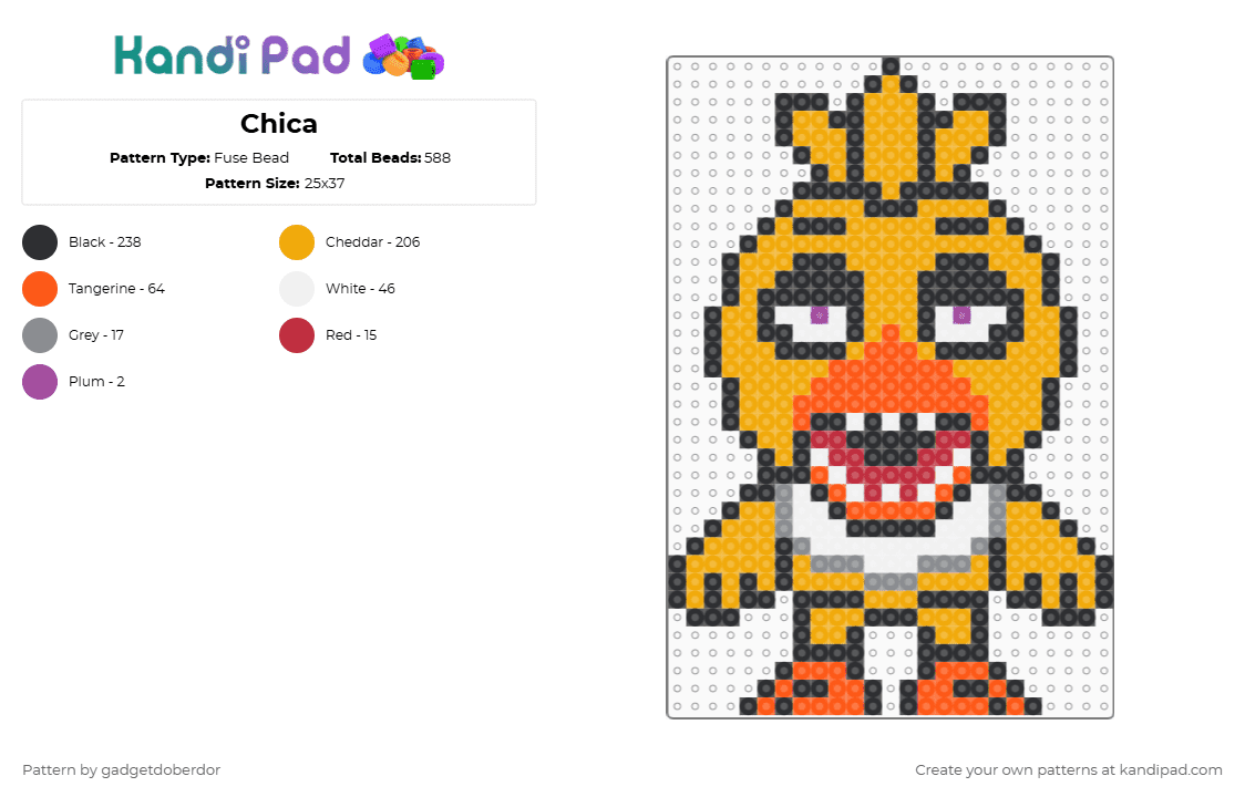 Chica - Fuse Bead Pattern by gadgetdoberdor on Kandi Pad - orange,chica,fnaf,five nights at freddys