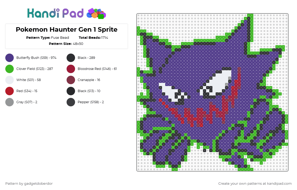 Pokemon Haunter Gen 1 Sprite - Fuse Bead Pattern by gadgetdoberdor on Kandi Pad - purple,green,pokemon,haunter,ghost,gen 1 sprite