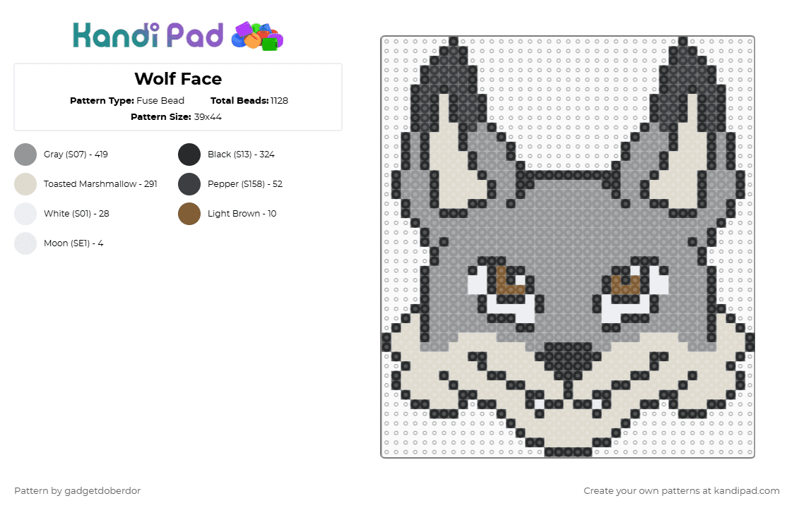 Wolf Face - Fuse Bead Pattern by gadgetdoberdor on Kandi Pad - gray,beige,wolf