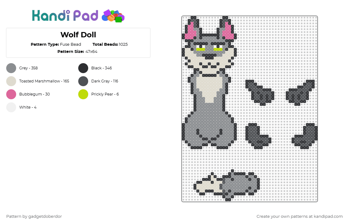 Wolf Doll - Fuse Bead Pattern by gadgetdoberdor on Kandi Pad - anthro, beige, doll, furry, gray, multipart, wolf