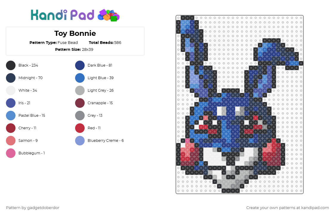 Toy Bonnie - Fuse Bead Pattern by gadgetdoberdor on Kandi Pad - black,purple,blue,fnaf,toy bonnie,five nights at freddys,bonnie,animatronic,rabbit