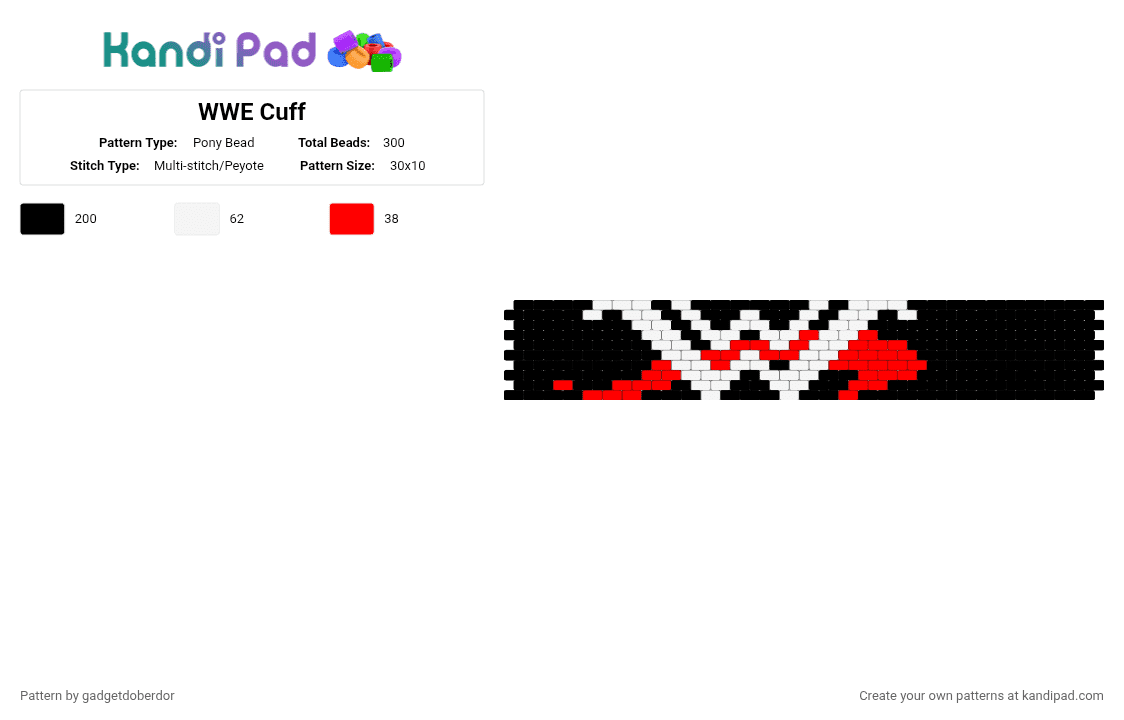 WWE Cuff - Pony Bead Pattern by gadgetdoberdor on Kandi Pad - black,red,white