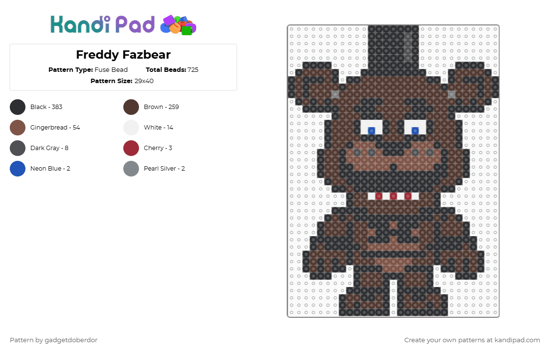Freddy Fazbear - Fuse Bead Pattern by gadgetdoberdor on Kandi Pad - black,brown,fnaf,five nights at freddys,freddy fazbear,animatronic,bear
