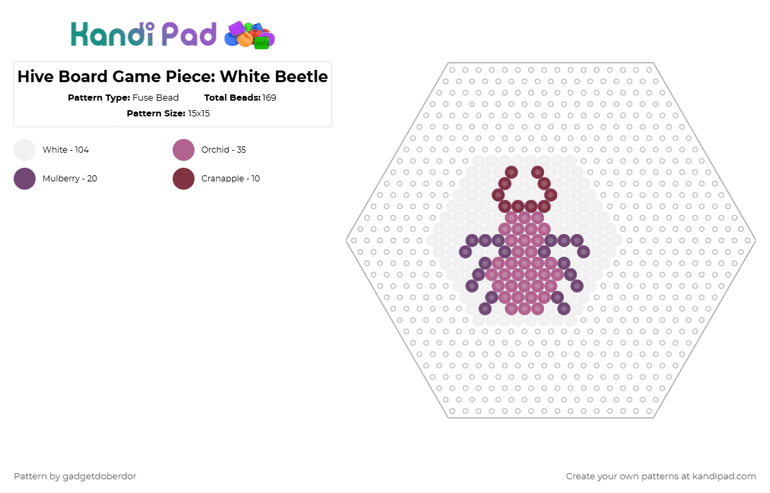 Hive Board Game Piece: White Beetle - Fuse Bead Pattern by gadgetdoberdor on Kandi Pad - white,pink