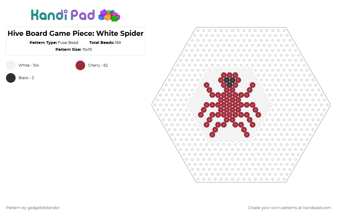 Hive Board Game Piece: White Spider - Fuse Bead Pattern by gadgetdoberdor on Kandi Pad - white,red