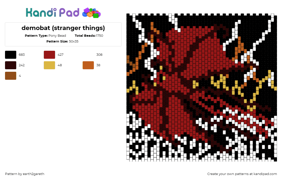 demobat (stranger things) - Pony Bead Pattern by earth2gareth on Kandi Pad - demobat,stranger things,tv show,spooky,dark,panel,red,black