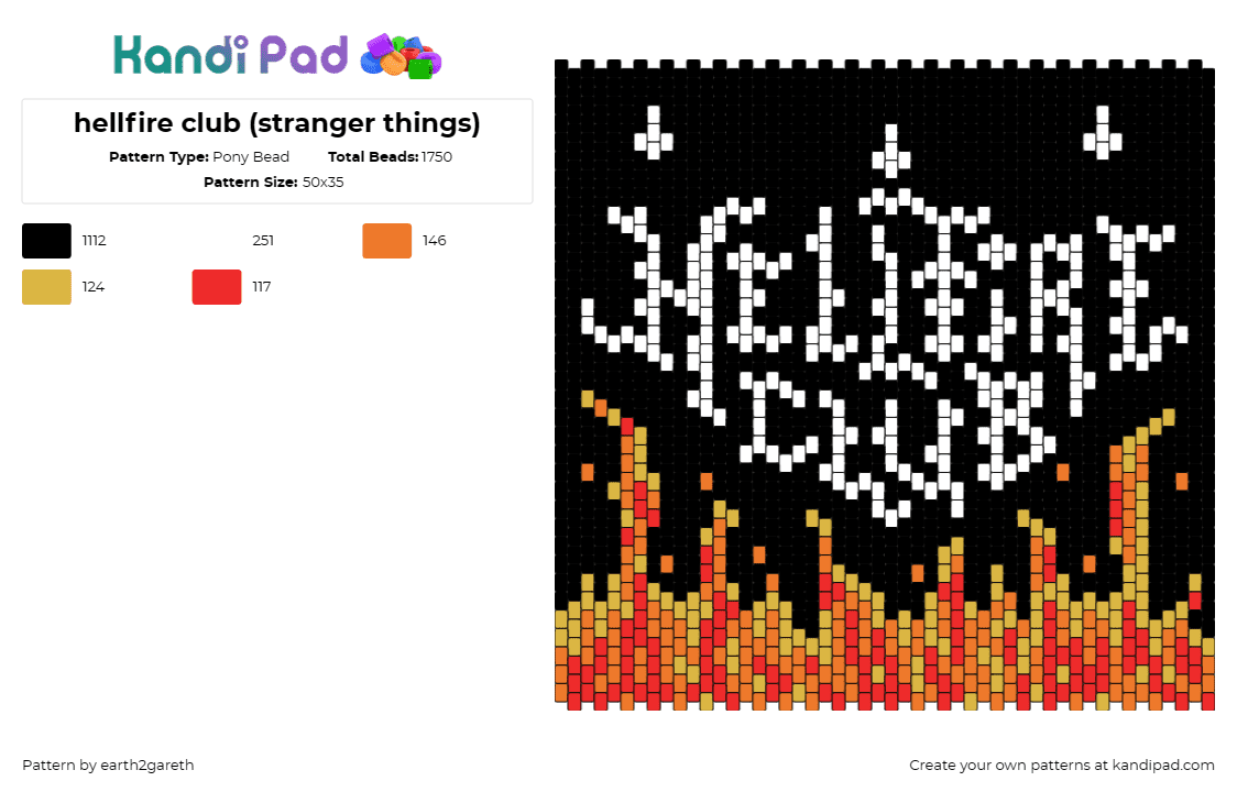 hellfire club (stranger things) - Pony Bead Pattern by earth2gareth on Kandi Pad - hellfire club,stranger things,sign,text,tv show,flames,fire,orange,black