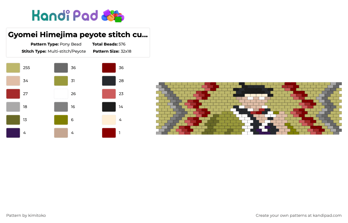 Gyomei Himejima peyote stitch cuff pattern - Pony Bead Pattern by niko_creator on Kandi Pad - beige