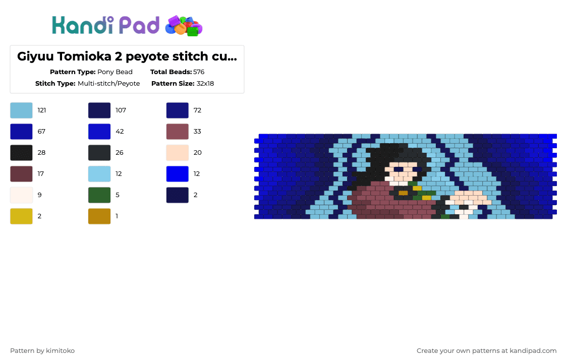 Giyuu Tomioka 2 peyote stitch cuff pattern - Pony Bead Pattern by niko_creator on Kandi Pad - light blue,purple