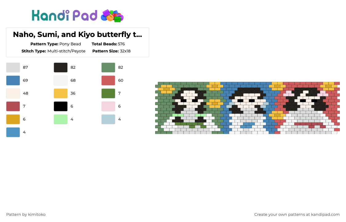 Naho, Sumi, and Kiyo butterfly triplets peyote stitch cuff pattern - Pony Bead Pattern by niko_creator on Kandi Pad - white,green,red,blue,colorful