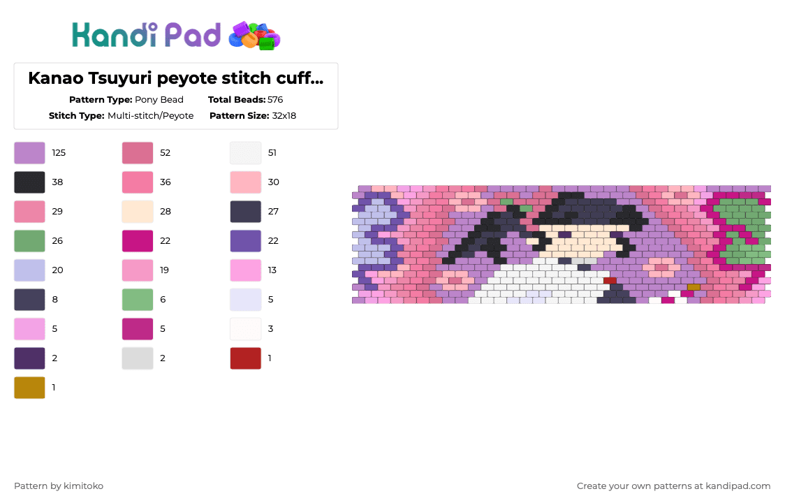 Kanao Tsuyuri peyote stitch cuff pattern - Pony Bead Pattern by niko_creator on Kandi Pad - pink