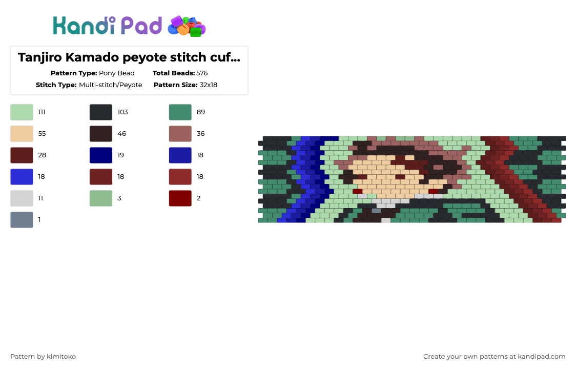 Tanjiro Kamado peyote stitch cuff pattern - Pony Bead Pattern by niko_creator on Kandi Pad - teal,brown