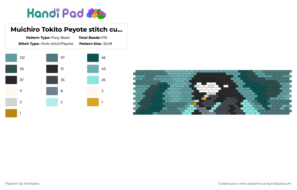Muichiro Tokito Peyote stitch cuff pattern - Pony Bead Pattern by niko_creator on Kandi Pad - teal,gray