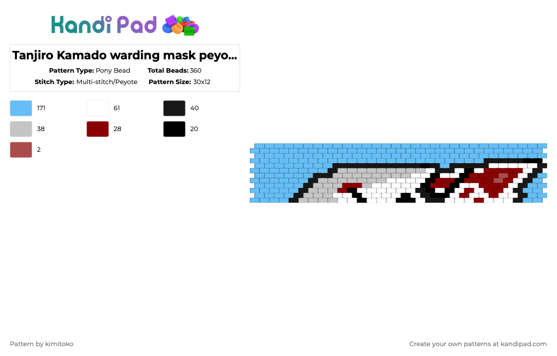 Tanjiro Kamado warding mask peyote stitch pattern - Pony Bead Pattern by niko_creator on Kandi Pad - light blue