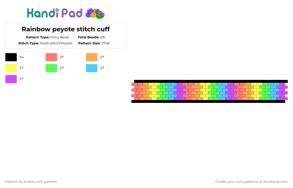 Rainbow peyote stitch cuff - Pony Bead Pattern by kodas_cool_paterns on Kandi Pad - orange,green,purple,colorful,kandi,pattern,rainbow,gay,pride