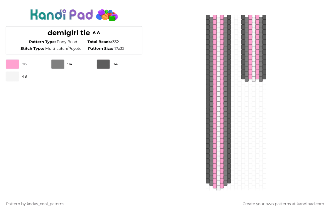 demigirl tie ^^ - Pony Bead Pattern by kodas_cool_paterns on Kandi Pad - gray,pink,demigirl,lgbtq,pride,kandi,tie
