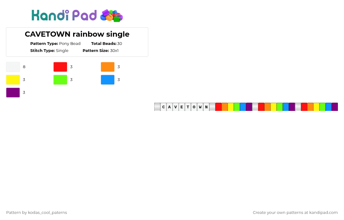 CAVETOWN rainbow single - Pony Bead Pattern by kodas_cool_paterns on Kandi Pad - white,orange,green,pink,colorful,cavetown,rainbow,alt,kandi