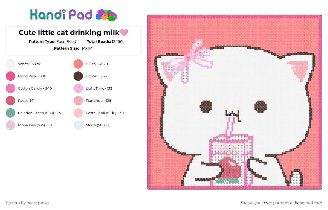 Cute little cat drinking milk🩷 - Fuse Bead Pattern by heartgurlxo on Kandi Pad - white,pink,red