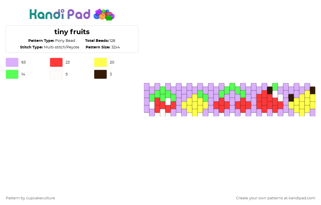 tiny fruits - Pony Bead Pattern by cupcakeculture on Kandi Pad - pink,red,strawberry,lemon,cherries,apple,banana