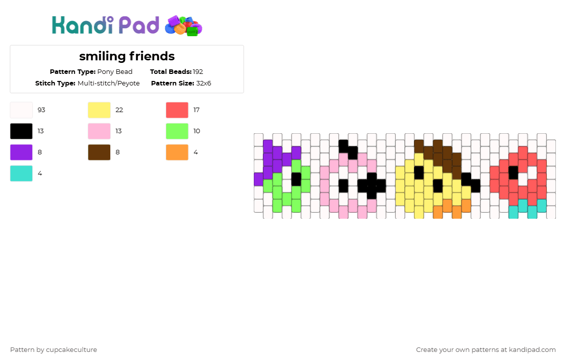 smiling friends - Pony Bead Pattern by cupcakeculture on Kandi Pad - white,pink,red,colorful,glep,pim pimling,charlie dompler,allan red,adult swim