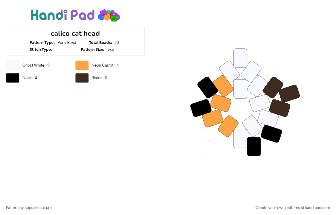 calico cat head - Pony Bead Pattern by cupcakeculture on Kandi Pad - brown, kitten, kitty, orange