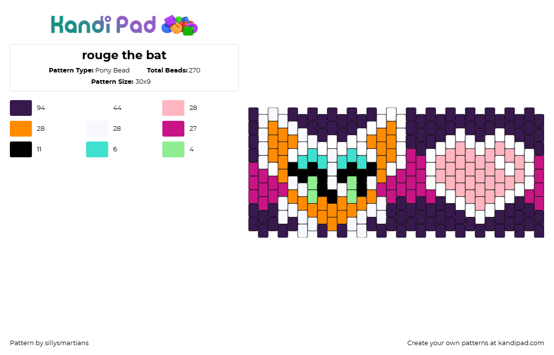 rouge the bat - Pony Bead Pattern by sillysmartians on Kandi Pad - rouge,sonic the hedgehog,bat,heart,character,video game,sega,cuff,purple,pink,orange,white