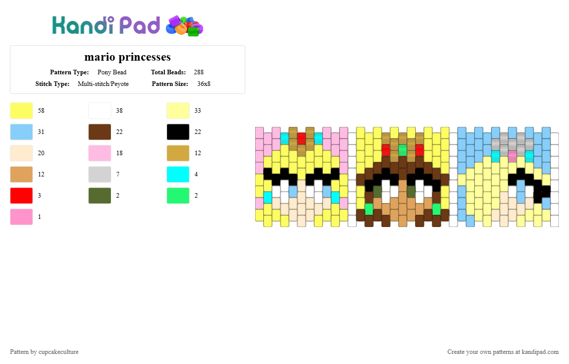 mario princesses - Pony Bead Pattern by cupcakeculture on Kandi Pad - orange,yellow,brown,light blue,super mario,princess peach,princess daisy,princess rosalina,nintendo