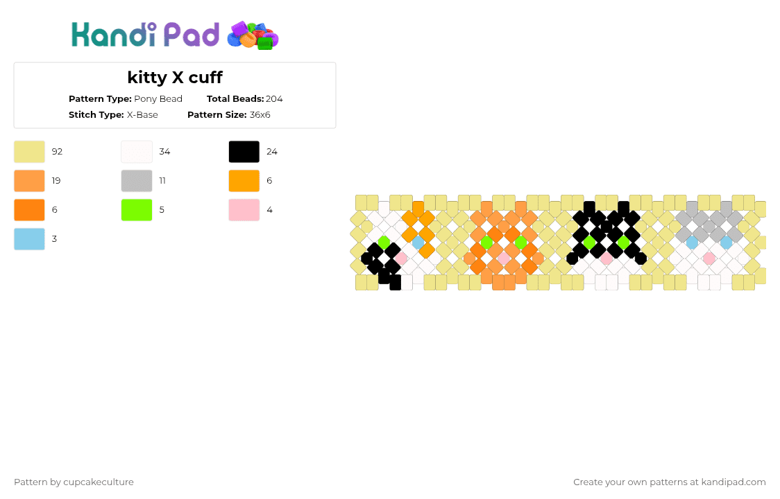 kitty X cuff - Pony Bead Pattern by cupcakeculture on Kandi Pad - orange,yellow,cats,house cat,animals,cute