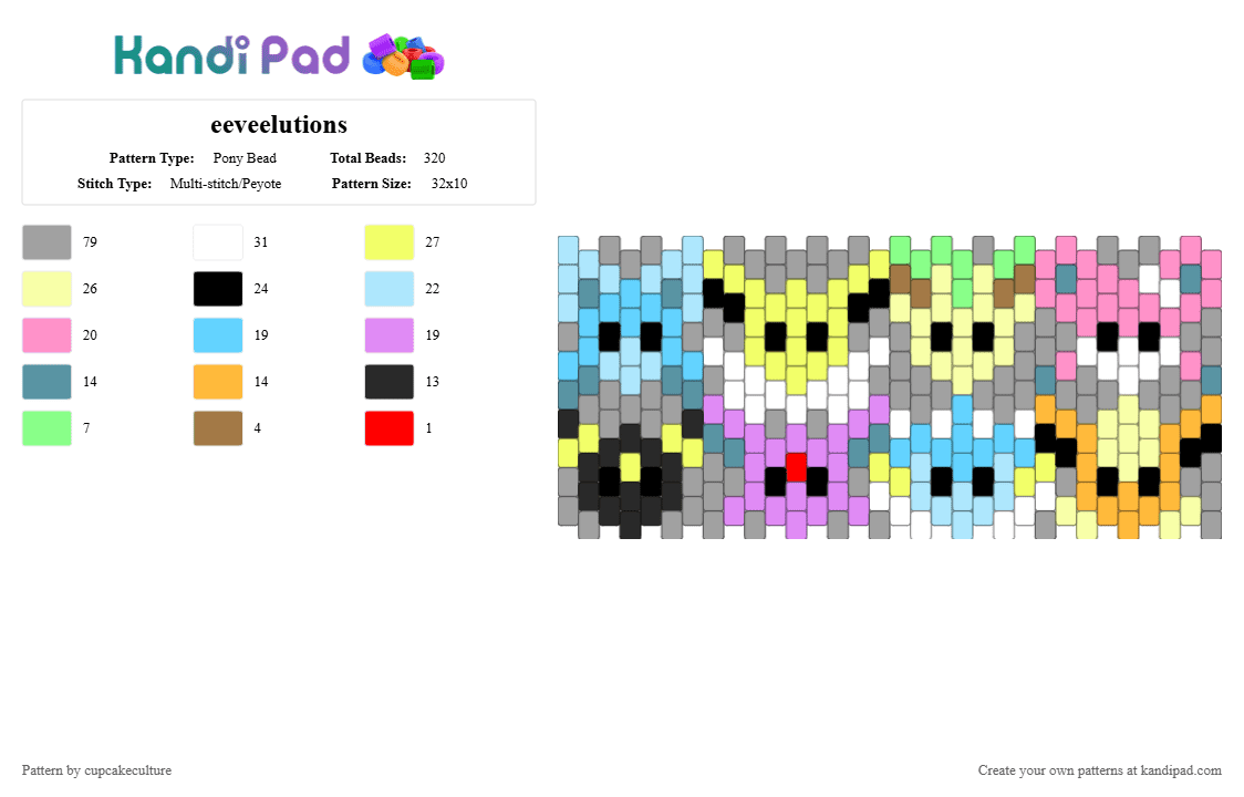 eeveelutions - Pony Bead Pattern by cupcakeculture on Kandi Pad - light blue,gray,yellow,pink,pokemon,eevee