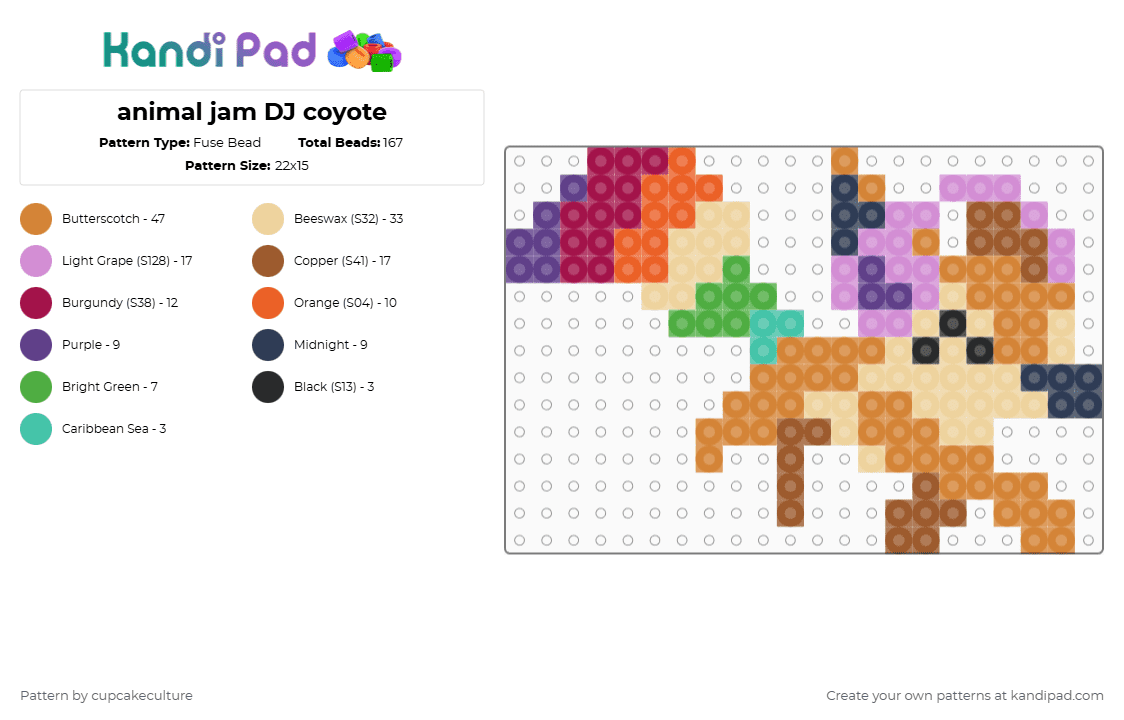 animal jam DJ coyote - Fuse Bead Pattern by cupcakeculture on Kandi Pad - pink,orange,beige,ajpw,ajc,rainbow