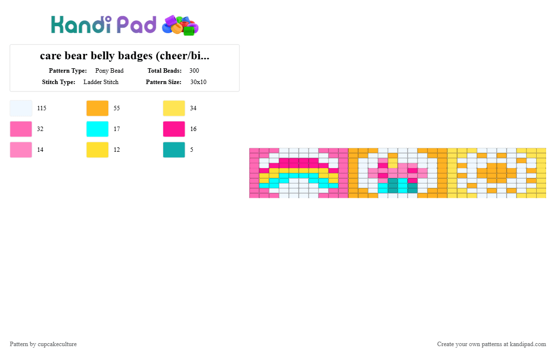 care bear belly badges (cheer/birthday/funshine) - Pony Bead Pattern by cupcakeculture on Kandi Pad - pink,yellow,orange,care bears,cheer bear,birthday bear,funshine bear