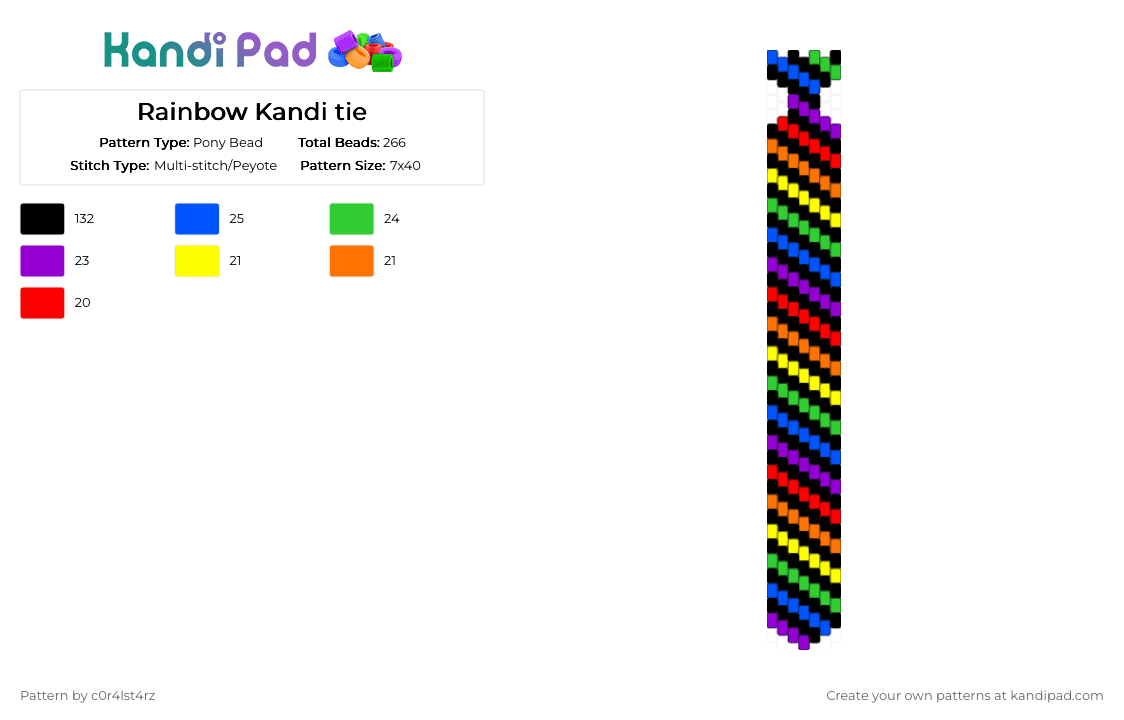 Rainbow Kandi tie - Pony Bead Pattern by c0r4lst4rz on Kandi Pad - black,blue,yellow,colorful