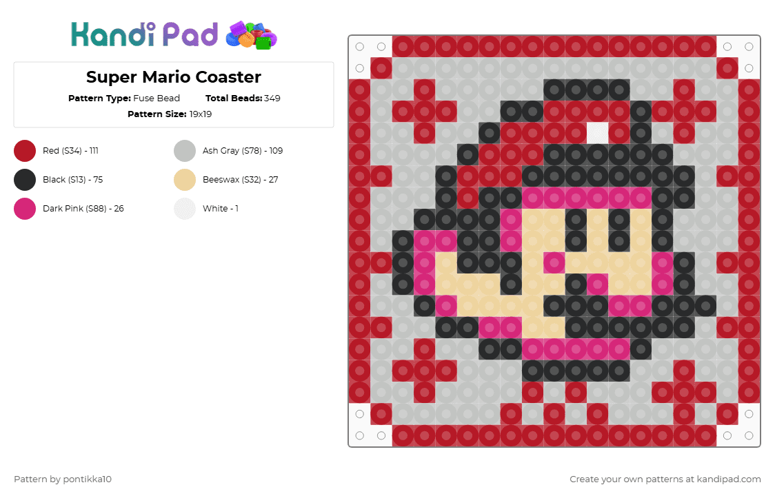 Super Mario Coaster - Fuse Bead Pattern by pontikka10 on Kandi Pad - beige, coaster, mario, nintendo, red, supermario