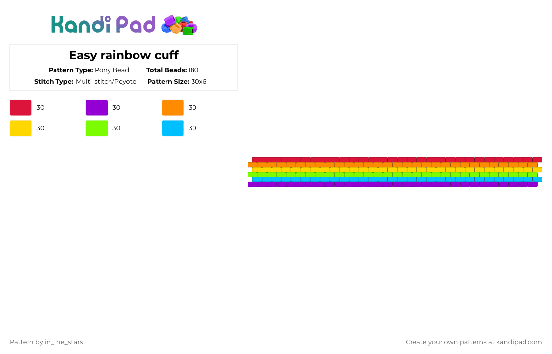 Easy rainbow cuff - Pony Bead Pattern by in_the_stars on Kandi Pad - purple,yellow,light blue,colorful