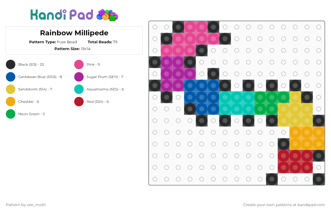 Rainbow Millipede - Fuse Bead Pattern by vee_moth on Kandi Pad - pink,blue,yellow
