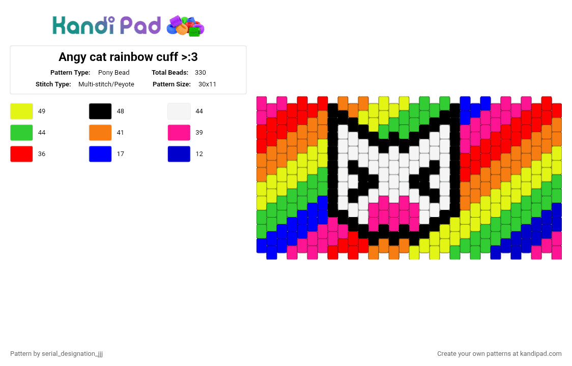 Angy cat rainbow cuff >:3 - Pony Bead Pattern by serial_designation_jjj on Kandi Pad - pink,orange,yellow,green