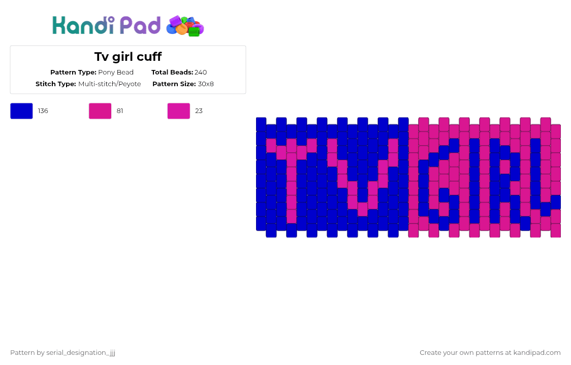 Tv girl cuff - Pony Bead Pattern by serial_designation_jjj on Kandi Pad - purple,pink